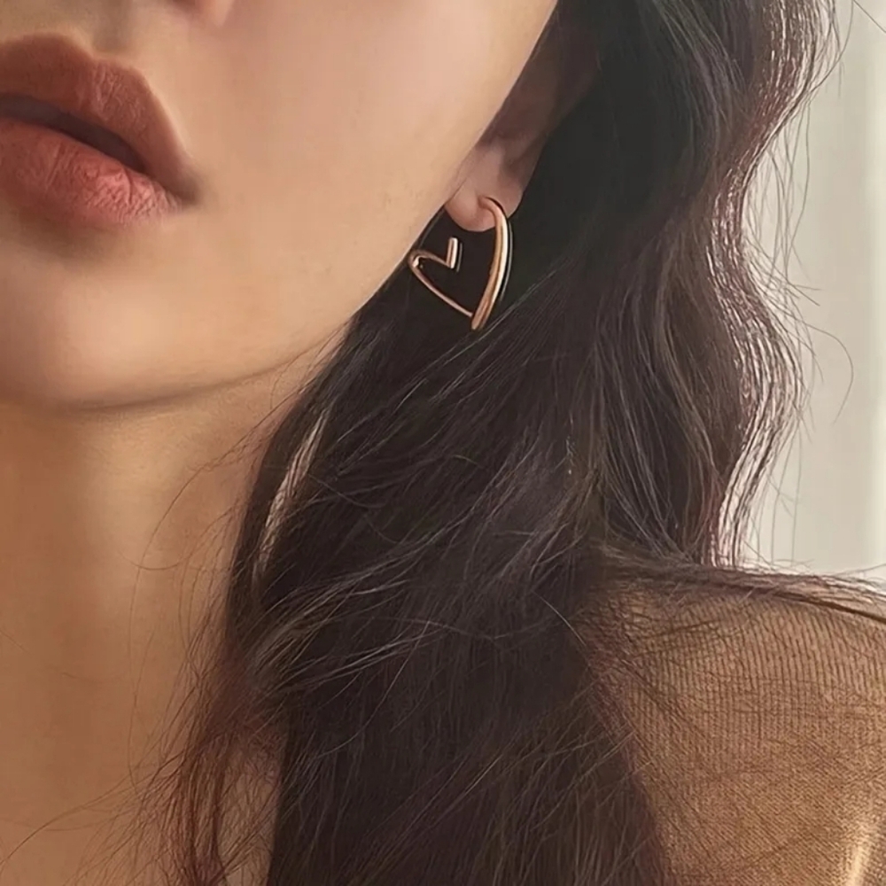Gold Open Heart Hoop Earrings Modern Abstract Chunky Statement - Picture 4 of 9